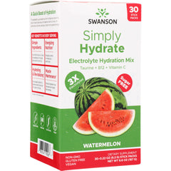SW1926 | Swanson Simply Hydrate Electrolyte Hydration Mix, Watermelon, 30 stick packs, Taurine + B12 + Vitamin C