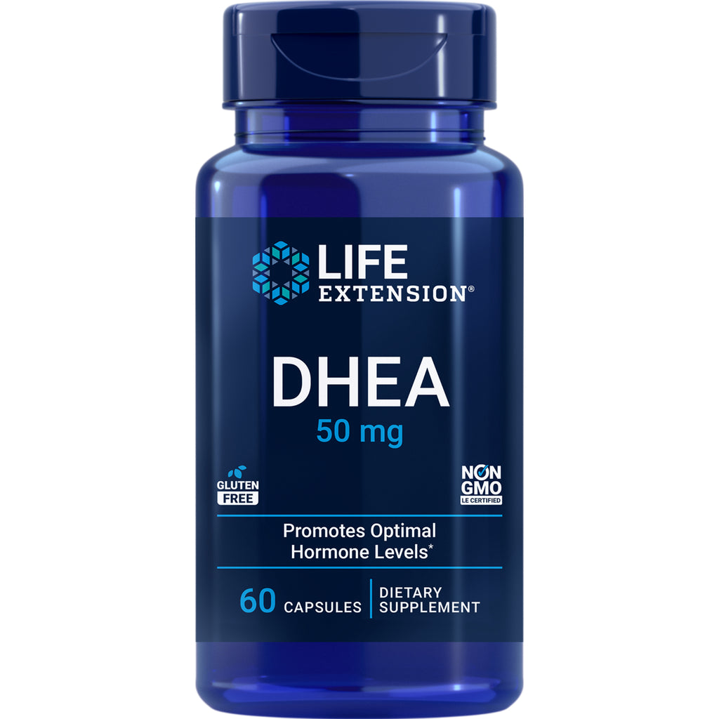 Life Extension DHEA 50 mg supplement bottle, 60 capsules, promotes optimal hormone levels - Thumbnail