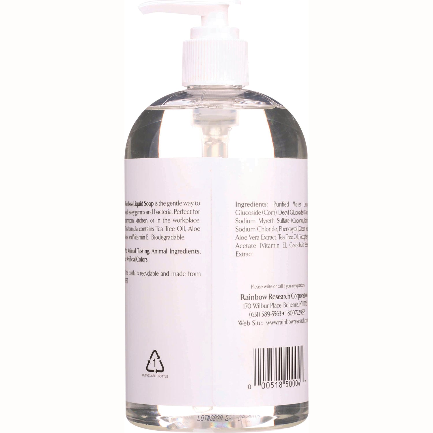 RBR036 | Back label of clear pump soap bottle showing ingredients text and barcode
