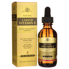 SLG230 | Solgar liquid Vitamin E 2 fl oz amber dropper bottle with product box labeled Liquid Vitamin E
