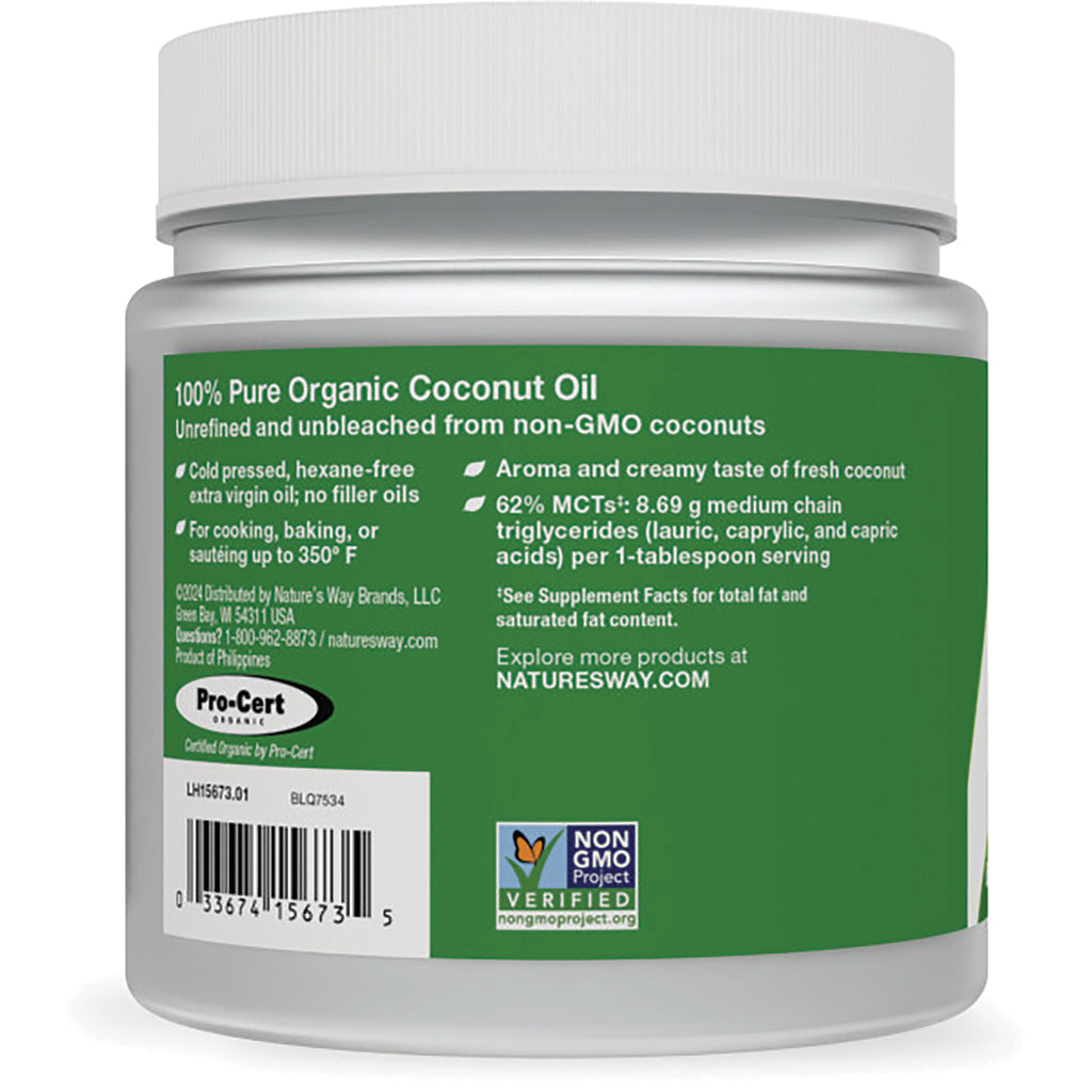 NW652 | back label of jar showing organic coconut oil details, usage instructions, barcode, and Non-GMO Verified seal - Thumbnail