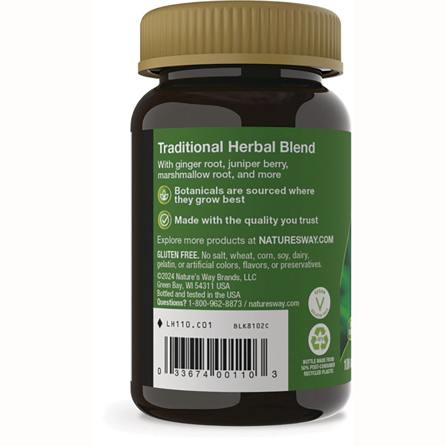 NW091 | back of brown supplement bottle with green Traditional Herbal Blend label showing ingredients and barcode