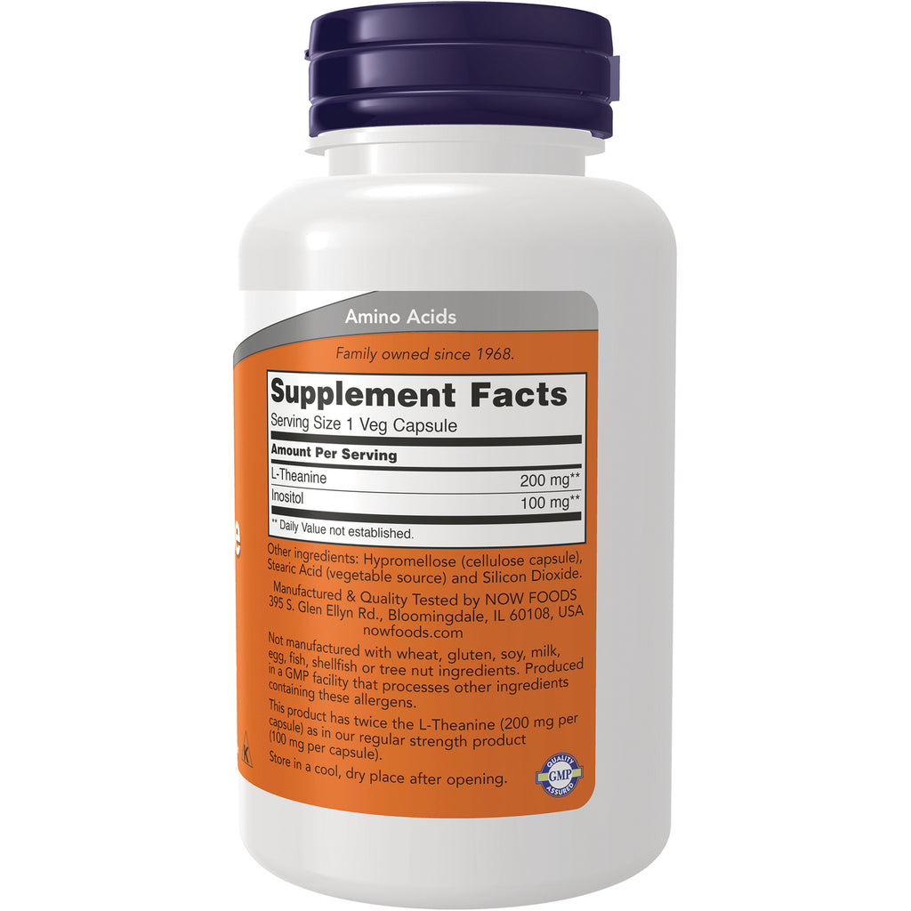 NWF1318 | Back of white supplement bottle with orange Supplement Facts label listing L-Theanine 200 mg and Inositol 100 mg - Thumbnail