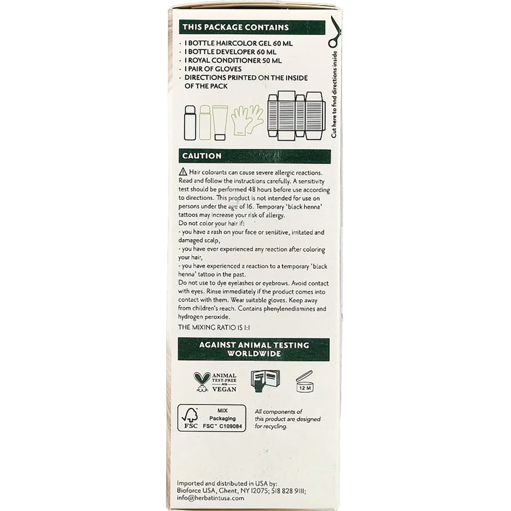 HBT013 | back of hair color box showing package contents, caution text, recycling and cruelty-free icons - Thumbnail