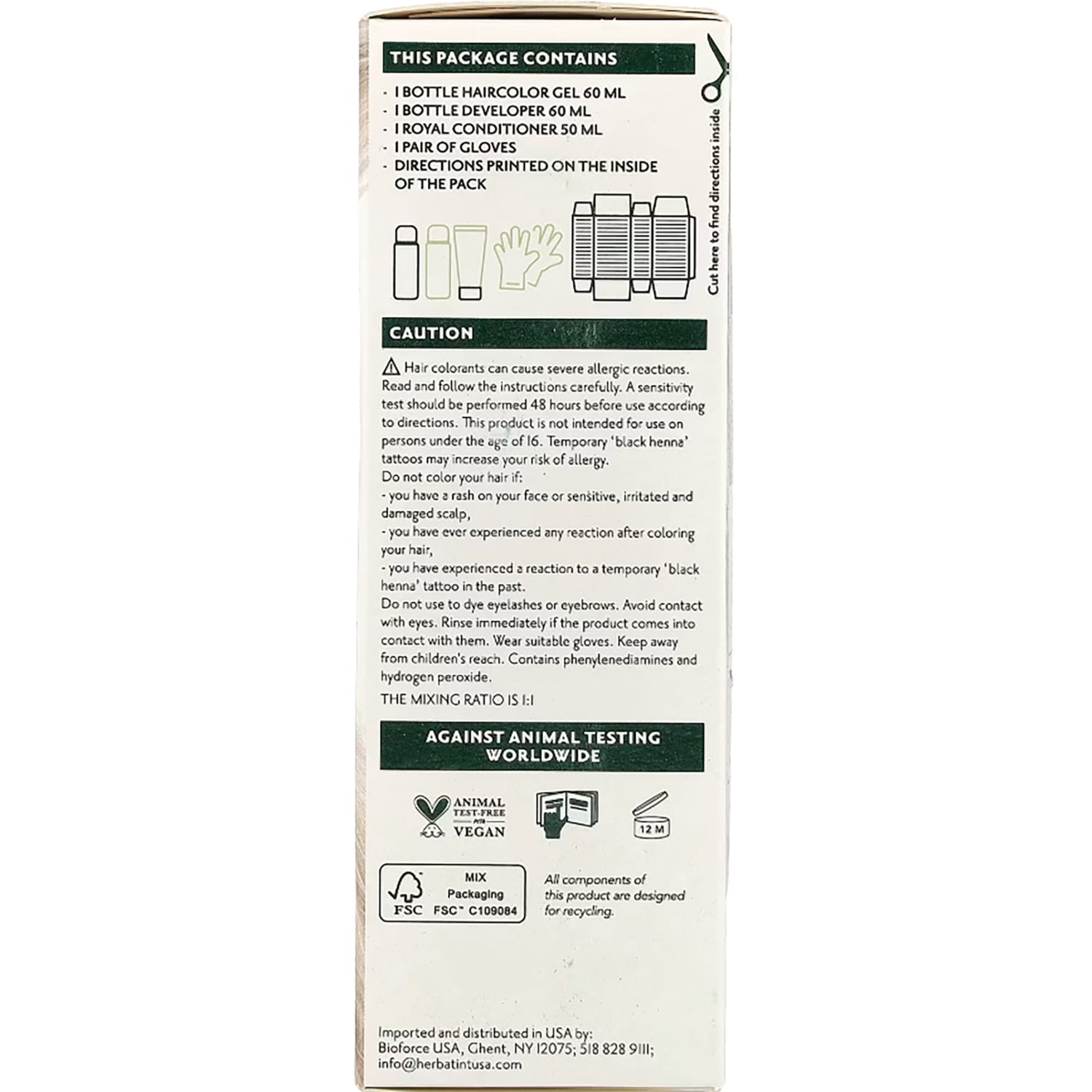 HBT013 | back of hair color box showing package contents, caution text, recycling and cruelty-free icons