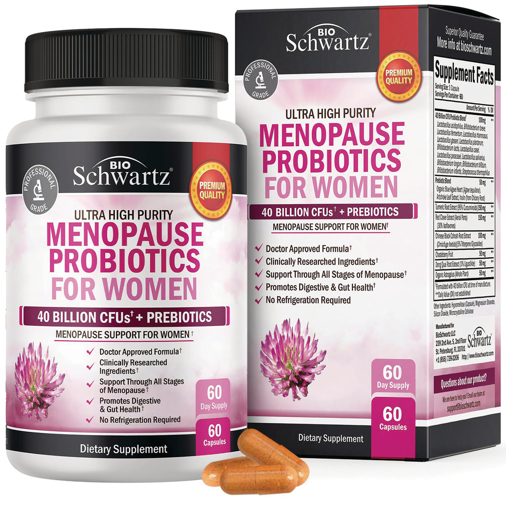 Bottle and box of BioSchwartz Menopause Probiotics for Women, 60 capsules, 40 billion CFUs, two orange capsules visible - Thumbnail