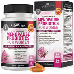 Bottle and box of BioSchwartz Menopause Probiotics for Women, 60 capsules, 40 billion CFUs, two orange capsules visible
