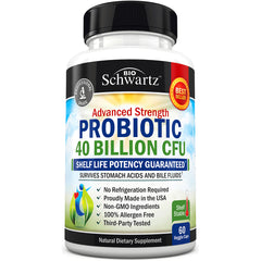 BSZ001 | Bottle of BioSchwartz Advanced Strength Probiotic 40 Billion CFU, 60 veggie caps, shelf-stable supplement