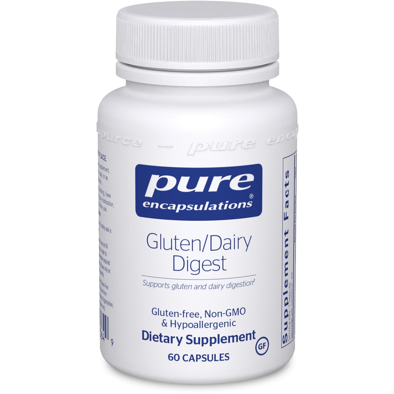 PRN186 | Pure Encapsulations Gluten/Dairy Digest dietary supplement bottle, 60 capsules
