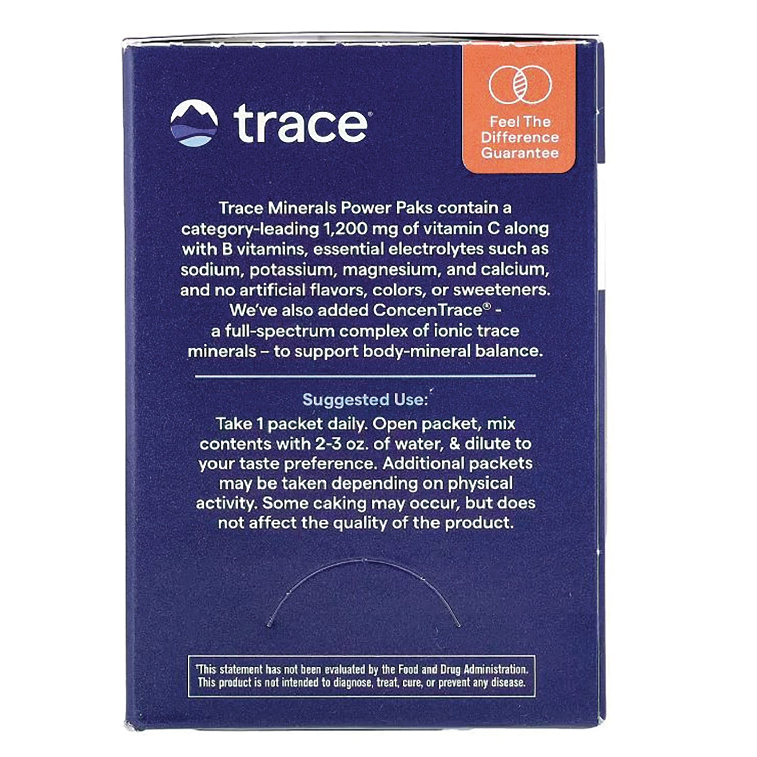 TM122 | Back of Trace Minerals Power Paks box with Suggested Use directions and Feel The Difference Guarantee badge