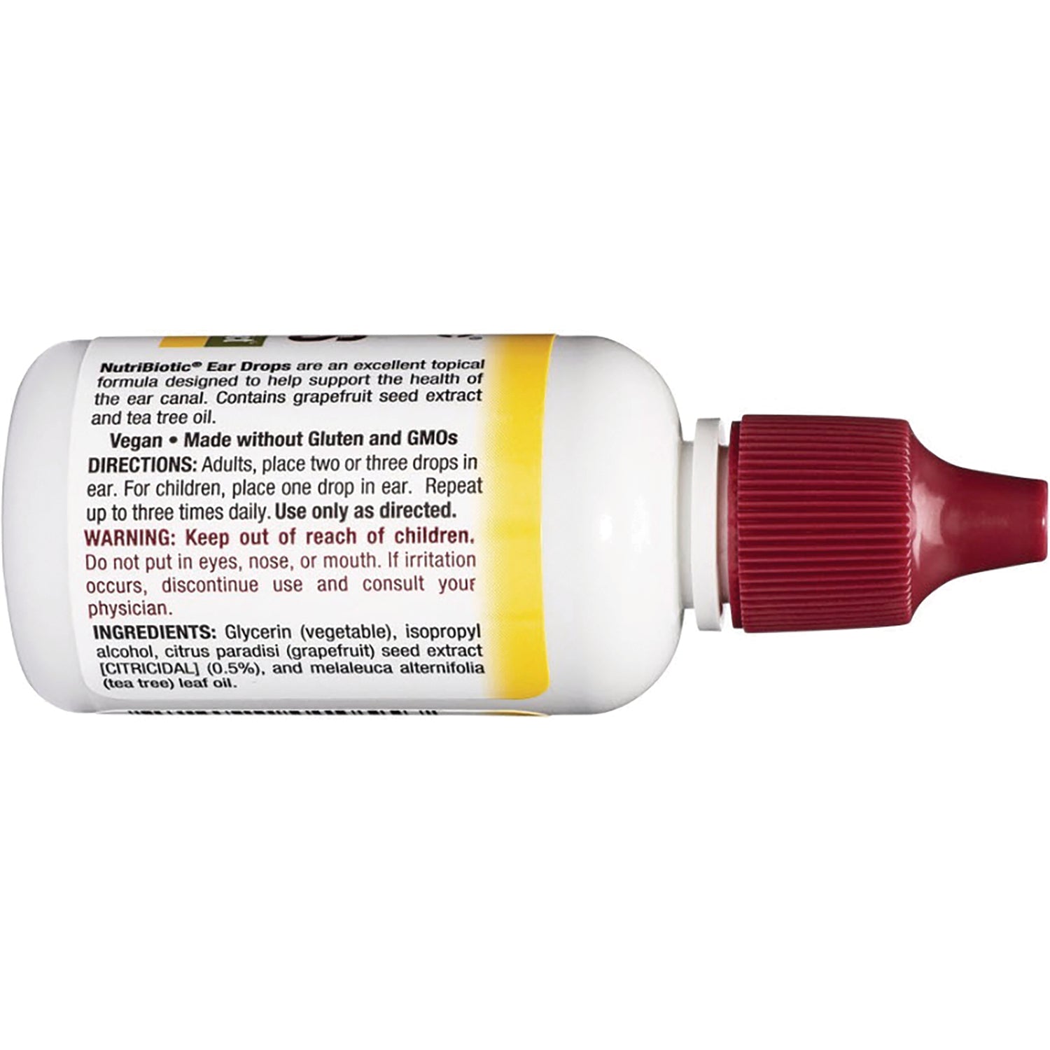 NUB017 | back label of ear drops bottle showing directions, warning, and ingredients with red cap