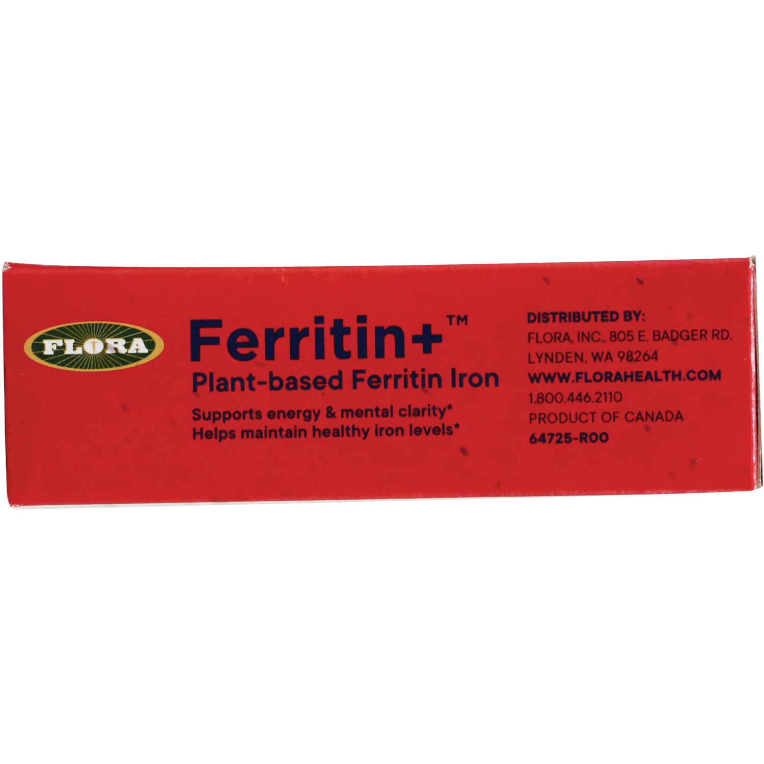 Red product box back showing Ferritin+ plant-based Ferritin Iron label and distributor info with www.florahealth.com