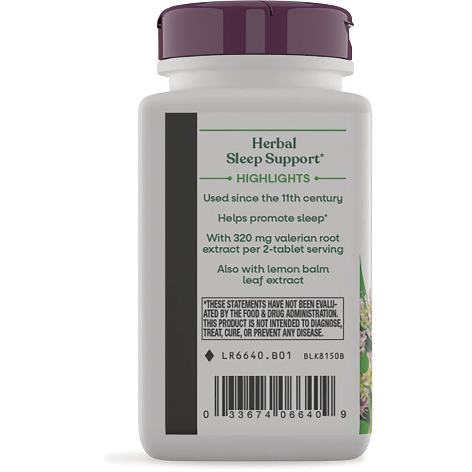 NW749 | back label of sleep support bottle showing highlights, 320 mg valerian root per 2-tablet serving, lemon balm and barcode