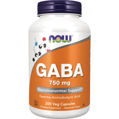 NWF1432 | NOW GABA 750 mg white bottle with orange label, 200 vegetarian capsules, Neurotransmitter Support