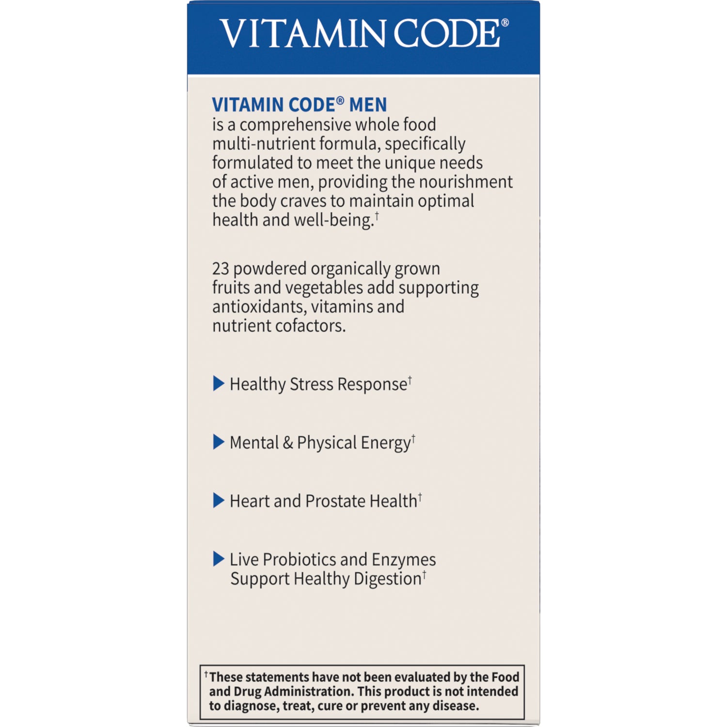 GLF033 | Vitamin Code Men infographic listing benefits: stress response, energy, heart and prostate health, probiotics for digestion