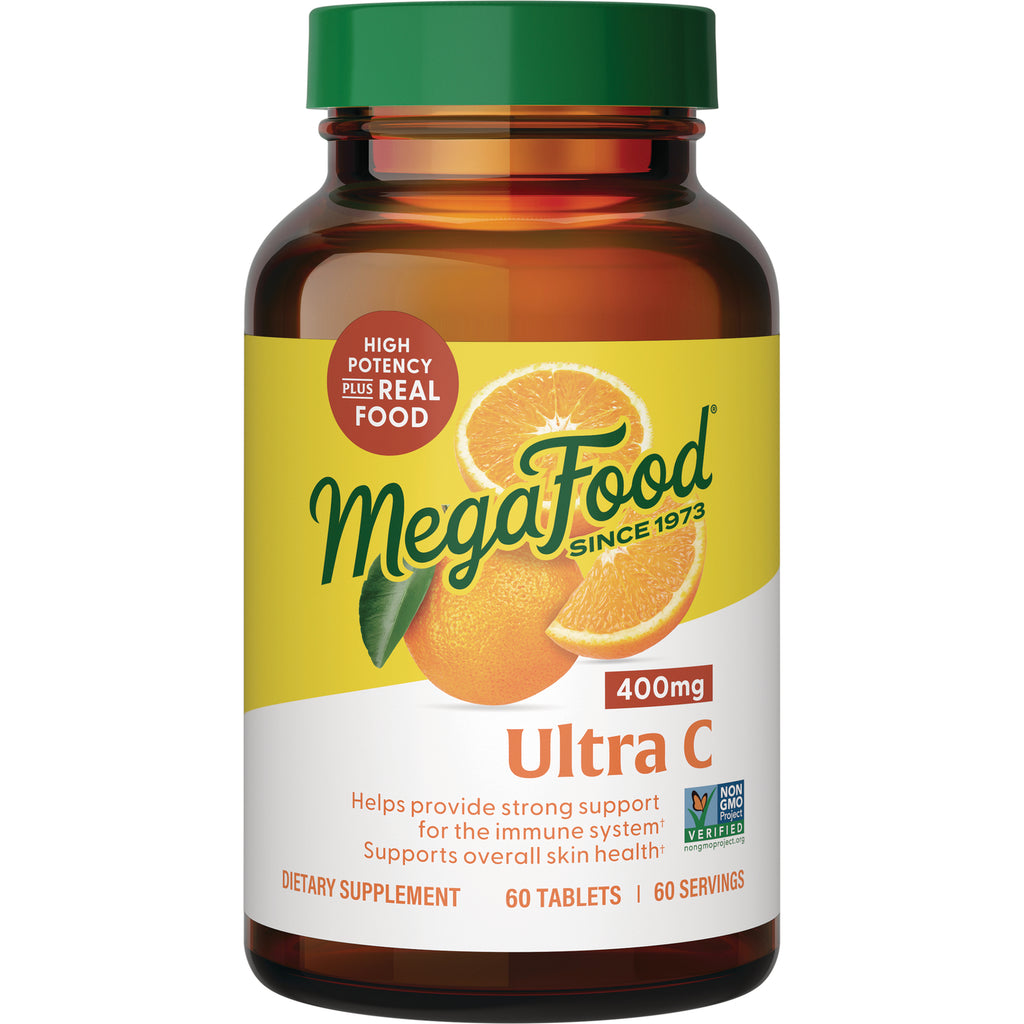 MegaFood Ultra C 400mg bottle featuring orange graphic, 60 tablets dietary supplement - Thumbnail