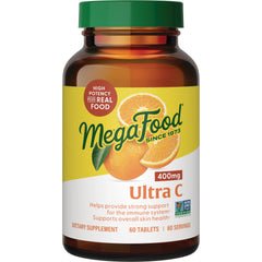 MegaFood Ultra C 400mg bottle featuring orange graphic, 60 tablets dietary supplement