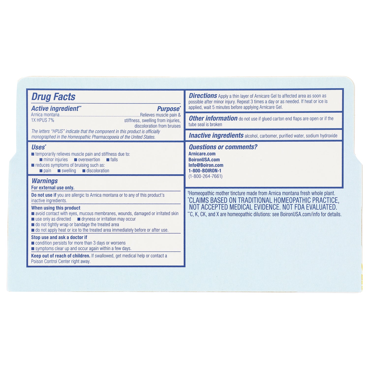 BRN093 | back panel of light blue Arnicare box showing drug facts, directions, inactive ingredients and warnings