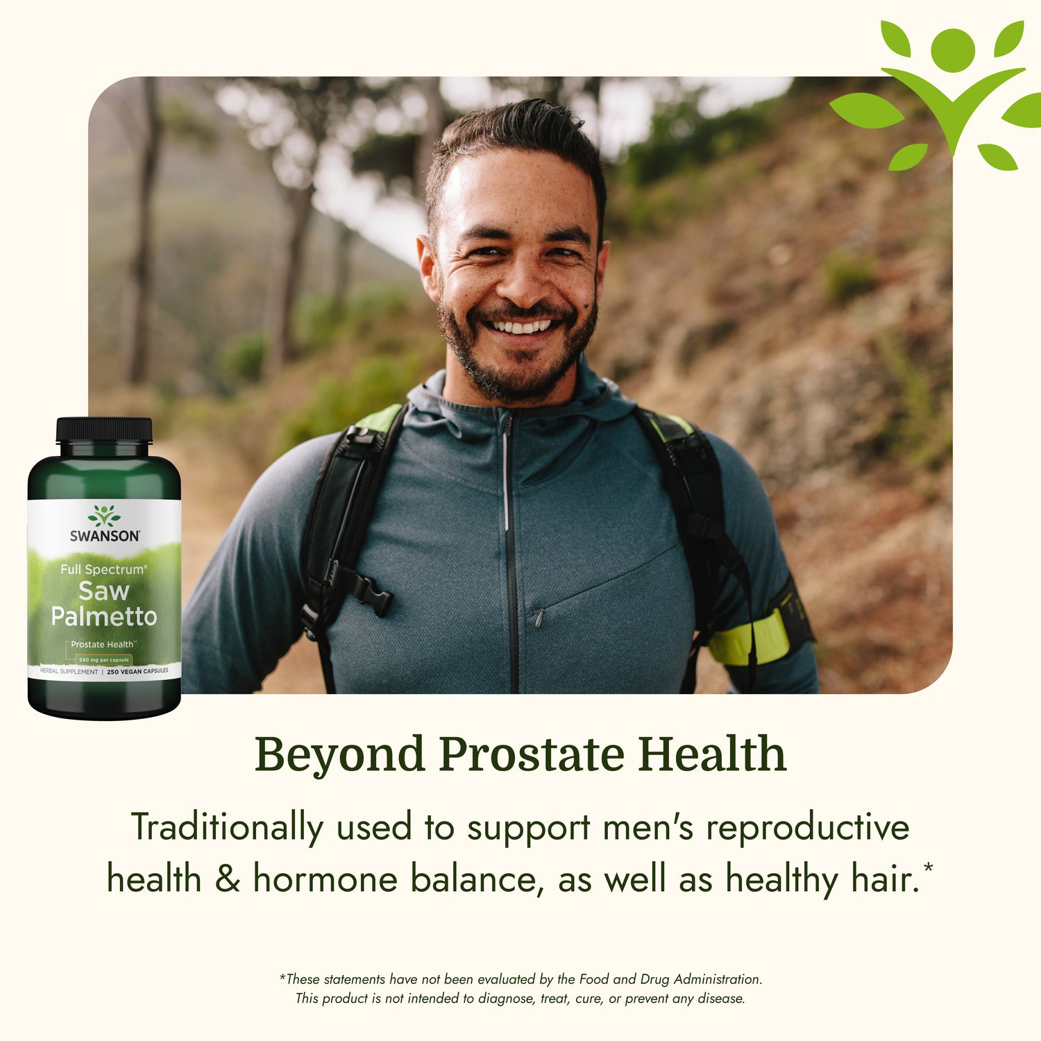 SW910 | Man hiking with Swanson Saw Palmetto bottle and text about men's health and hormone balance