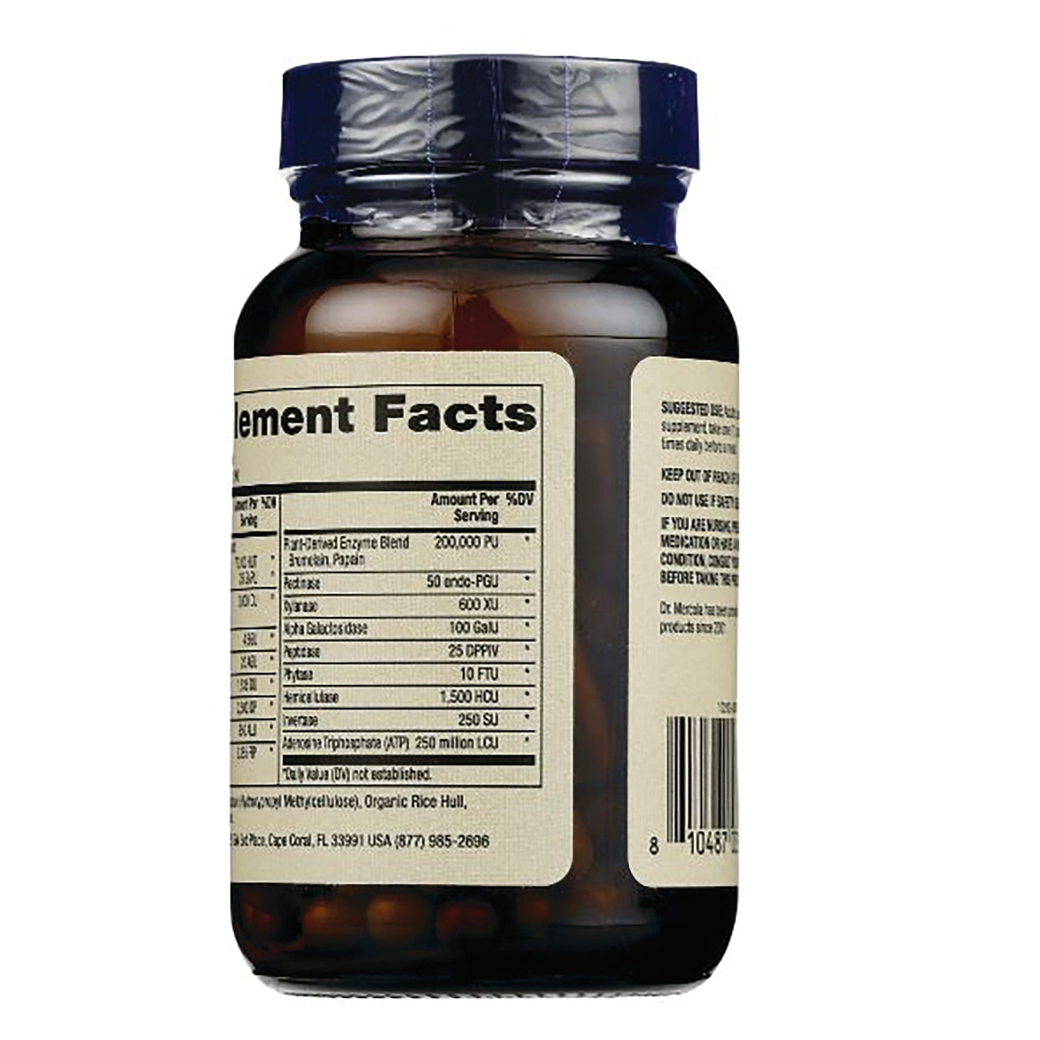 MRC103 | Back of amber supplement bottle showing Supplement Facts label, ingredient table and barcode