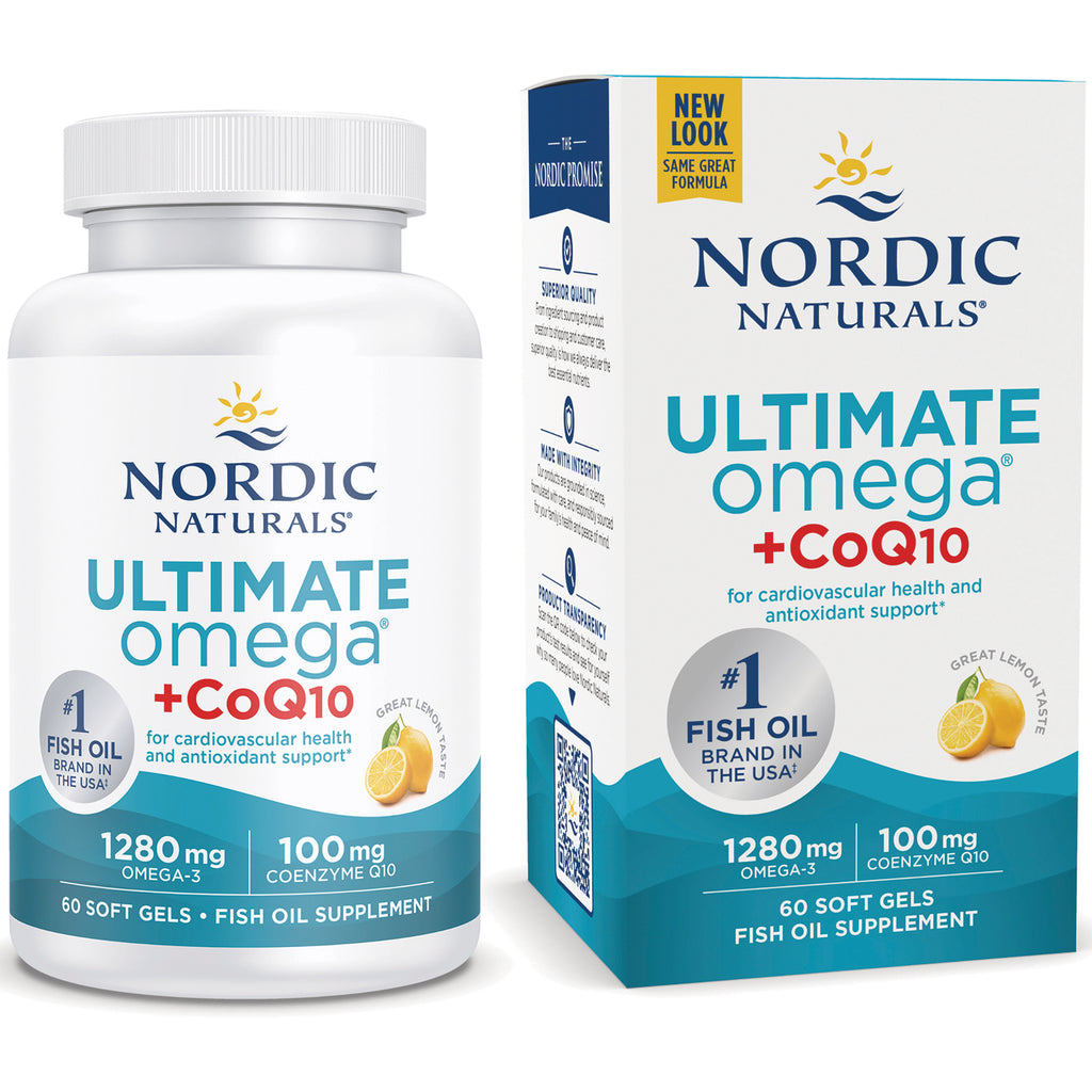 NRN051 | Nordic Naturals Ultimate Omega +CoQ10 60 soft gels bottle and box, 1280 mg omega-3 lemon taste - Thumbnail