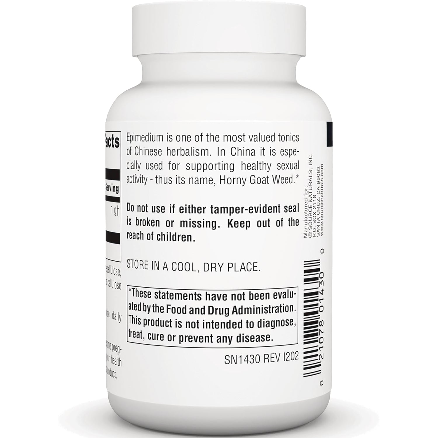 SN689 | Back label with warnings, storage directions, FDA disclaimer, and barcode