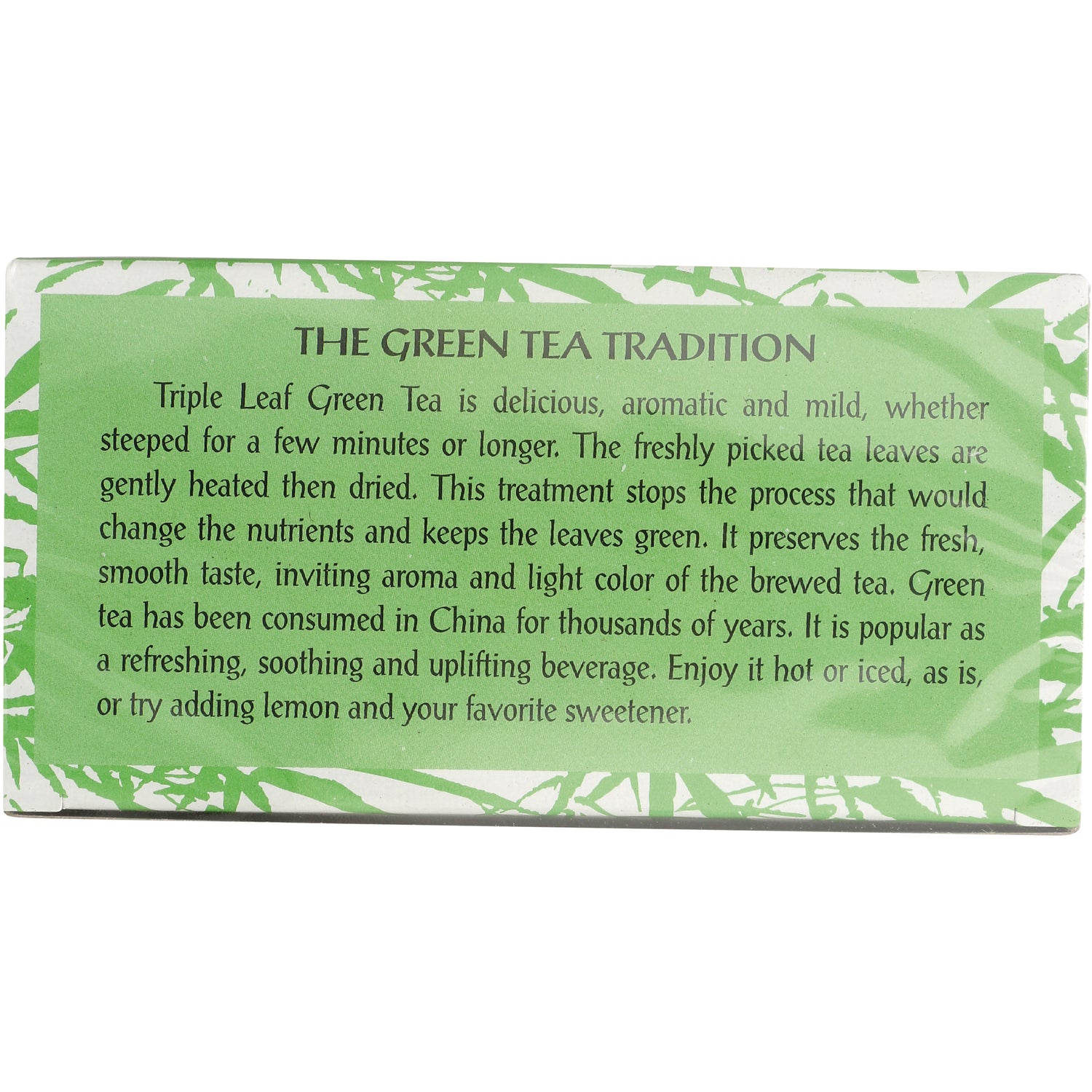 TLT020 | Back of Triple Leaf Green Tea box with THE GREEN TEA TRADITION story text