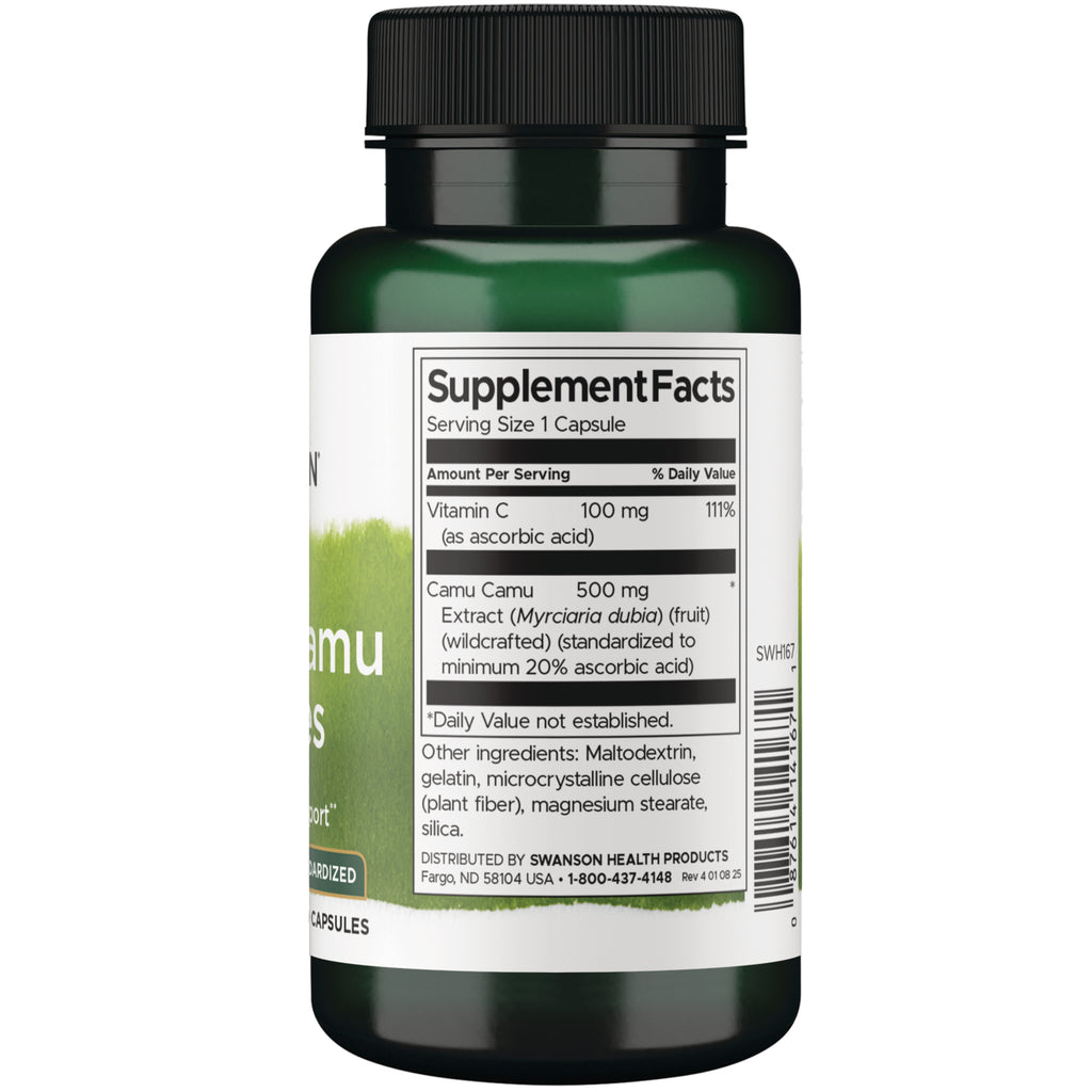 SWH167 | Back label with Supplement Facts for Camu Camu capsules listing Vitamin C 100 mg and Camu Camu extract 500 mg - Thumbnail