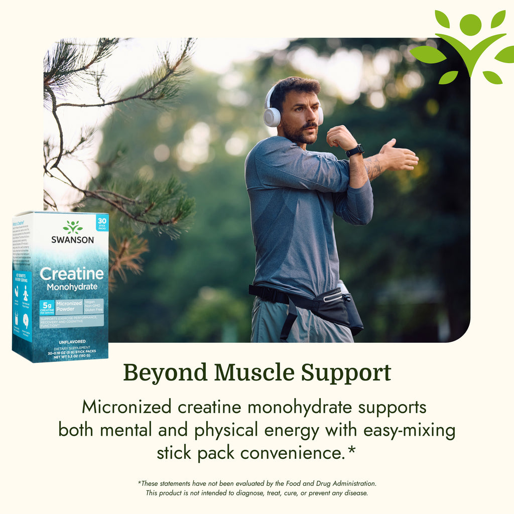 SW1967 | Swanson Creatine Monohydrate stick packs with athlete stretching outdoors and benefit claims - Thumbnail