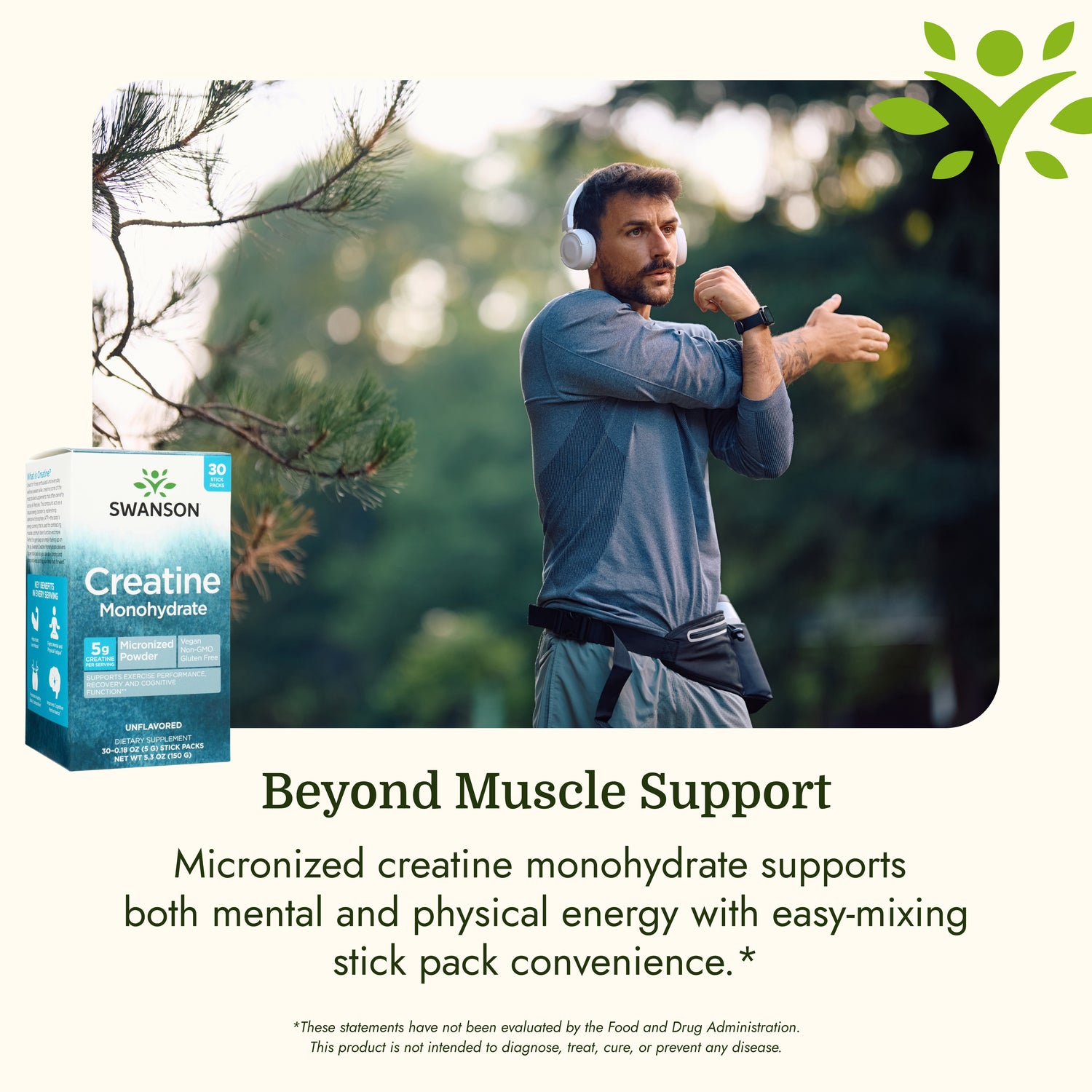 SW1967 | Swanson Creatine Monohydrate stick packs with athlete stretching outdoors and benefit claims