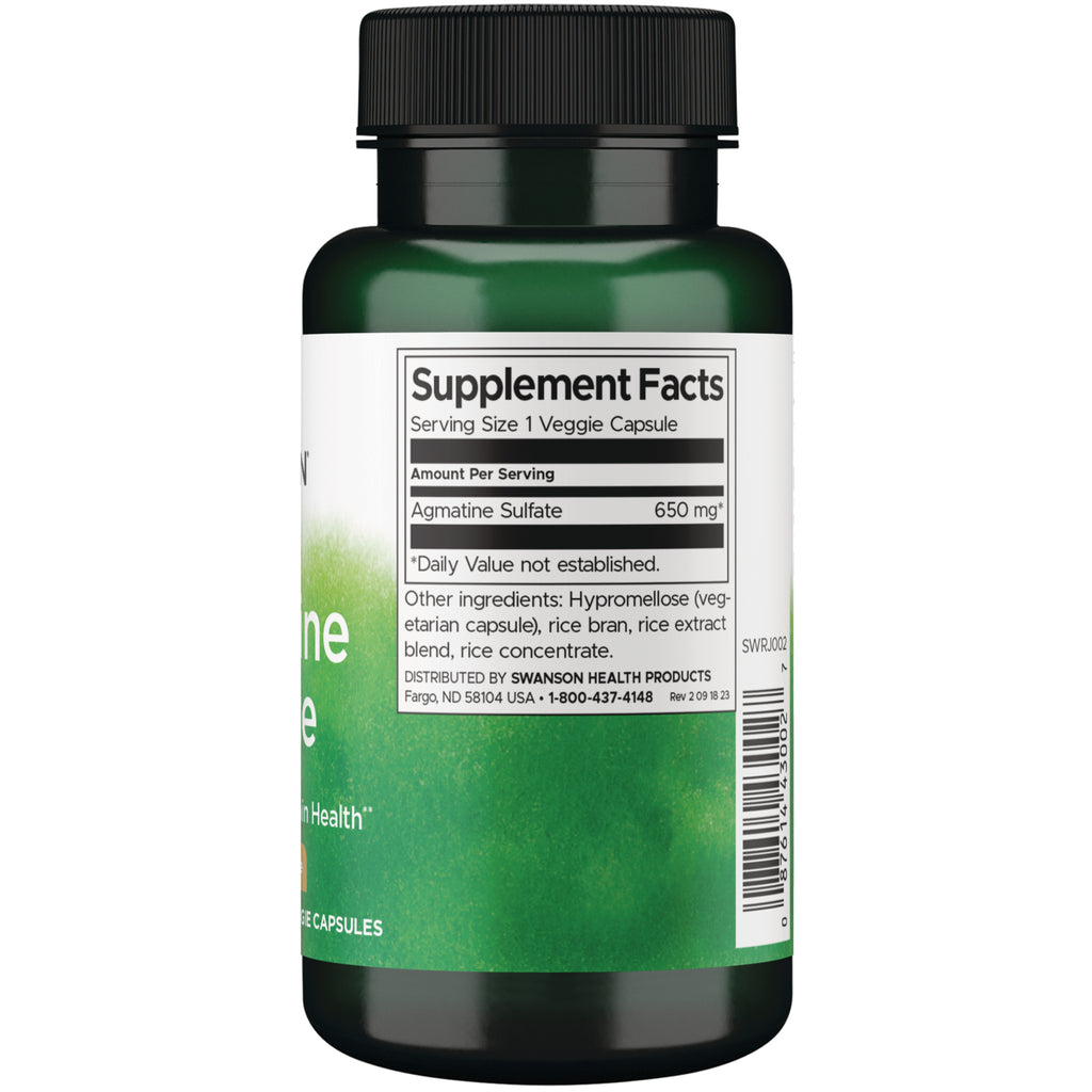 SWRJ002 | Back of bottle with Supplement Facts: Agmatine Sulfate 650 mg, Serving Size 1 Veggie Capsule - Thumbnail