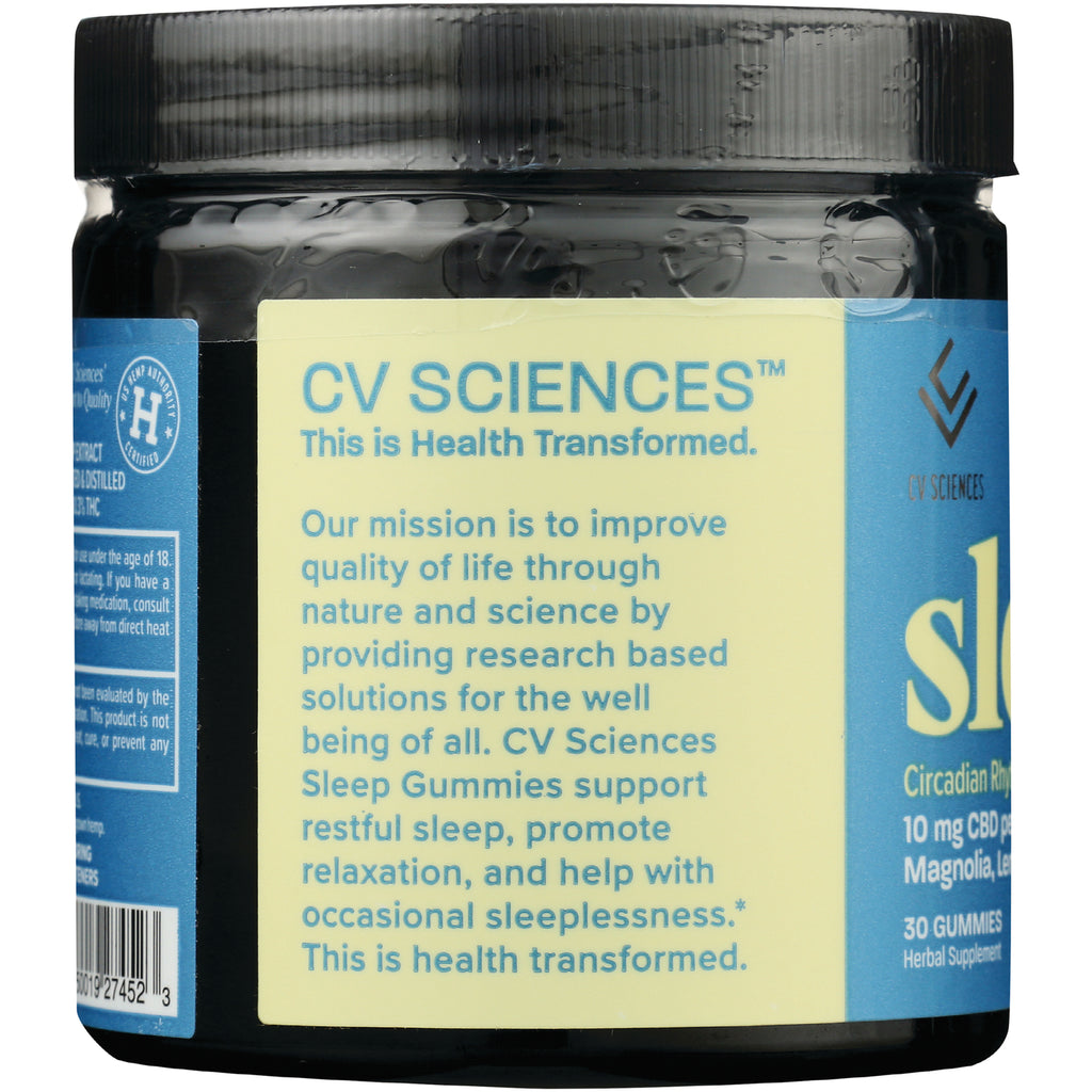 CV SCIENCES label showing mission statement and Sleep Gummies benefits about improved quality of life and restful sleep - Thumbnail