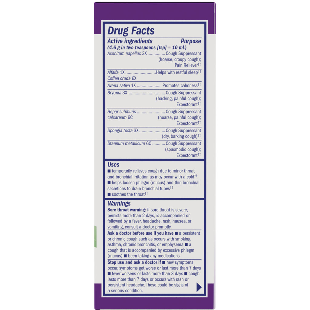 BRK009 | back panel showing Drug Facts, active ingredients, uses and warnings for cough remedy - Thumbnail