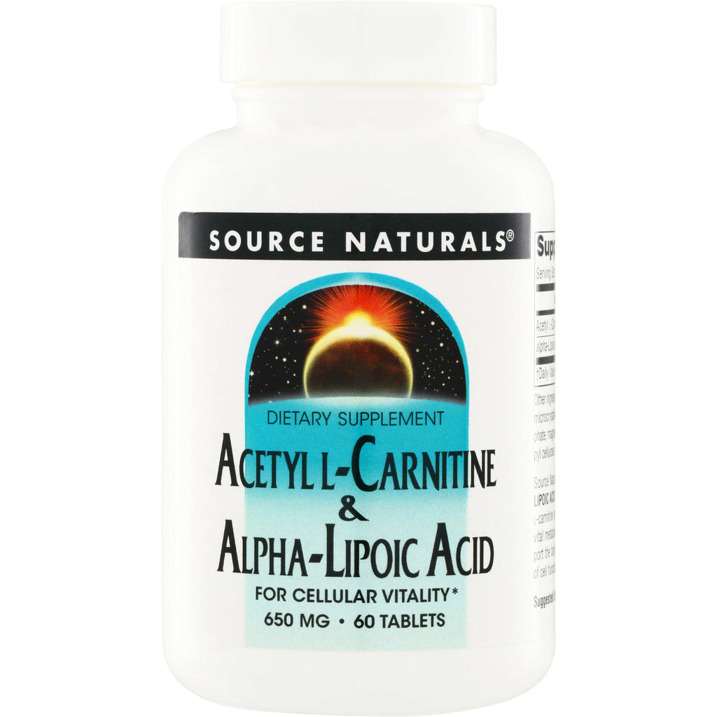 SN096 | Source Naturals Acetyl-L-Carnitine & Alpha-Lipoic Acid 650 mg, 60 tablets bottle front - Thumbnail