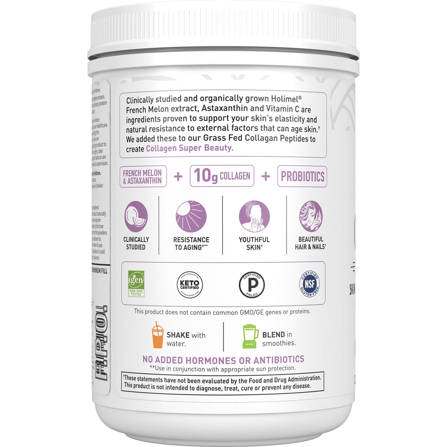 GLF308 | Back label of collagen powder showing 10g collagen, probiotics, benefits icons and shake or blend usage instructions
