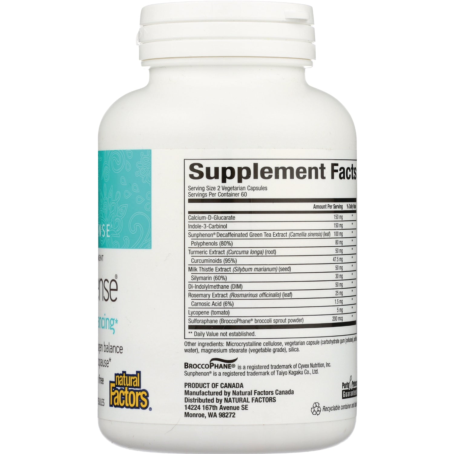 NFC111 | Supplement Facts back label on white bottle showing ingredient names and amounts