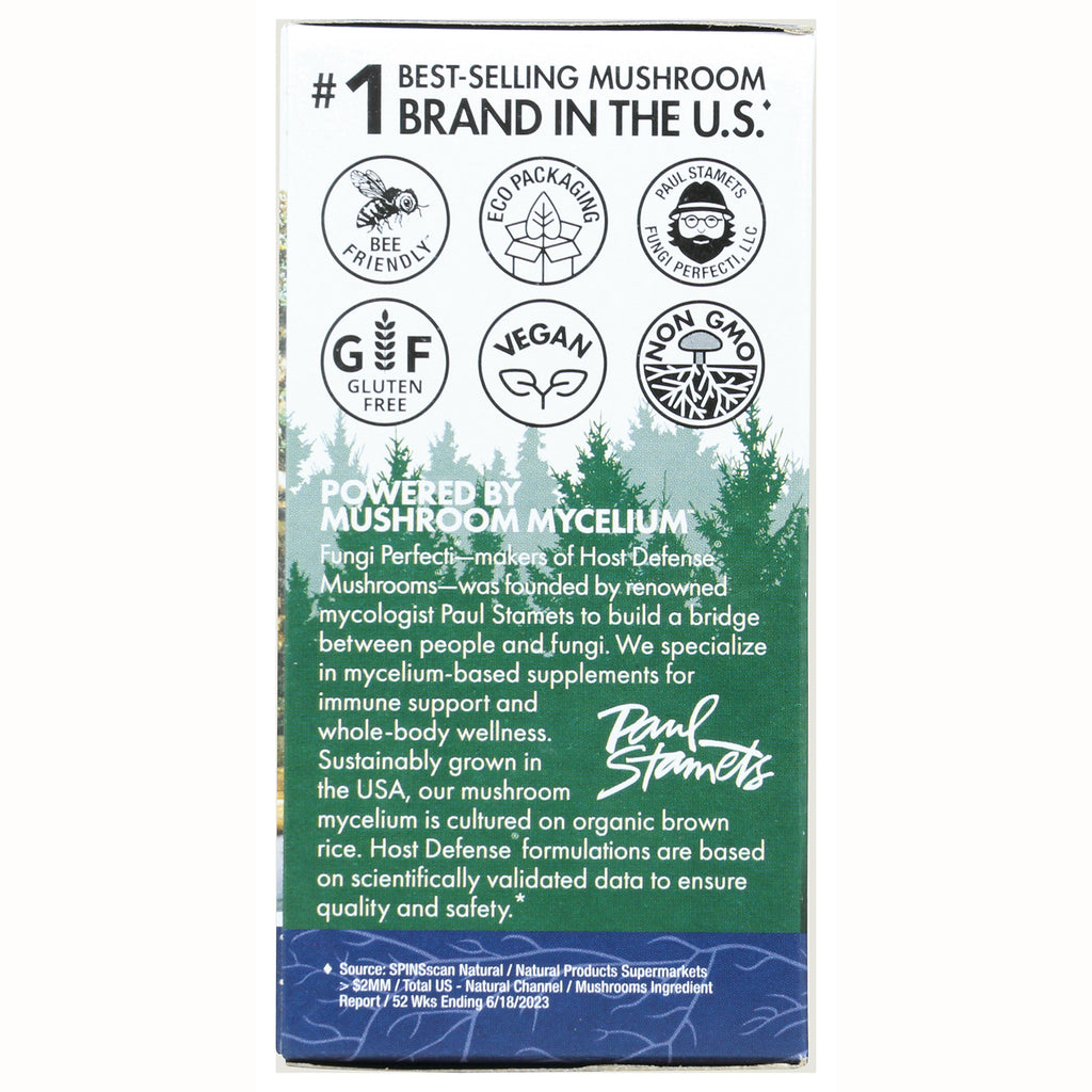 FUN041 | back panel of supplement box with certification icons and text Powered by mushroom mycelium and product description about mycelium-based supplements - Thumbnail