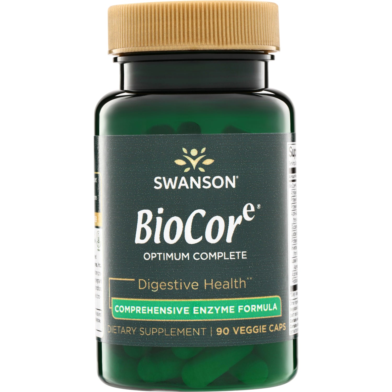 SWU445 | Swanson BioCore digestive health supplement bottle, 90 veggie caps, green bottle with tan cap, label "Comprehensive