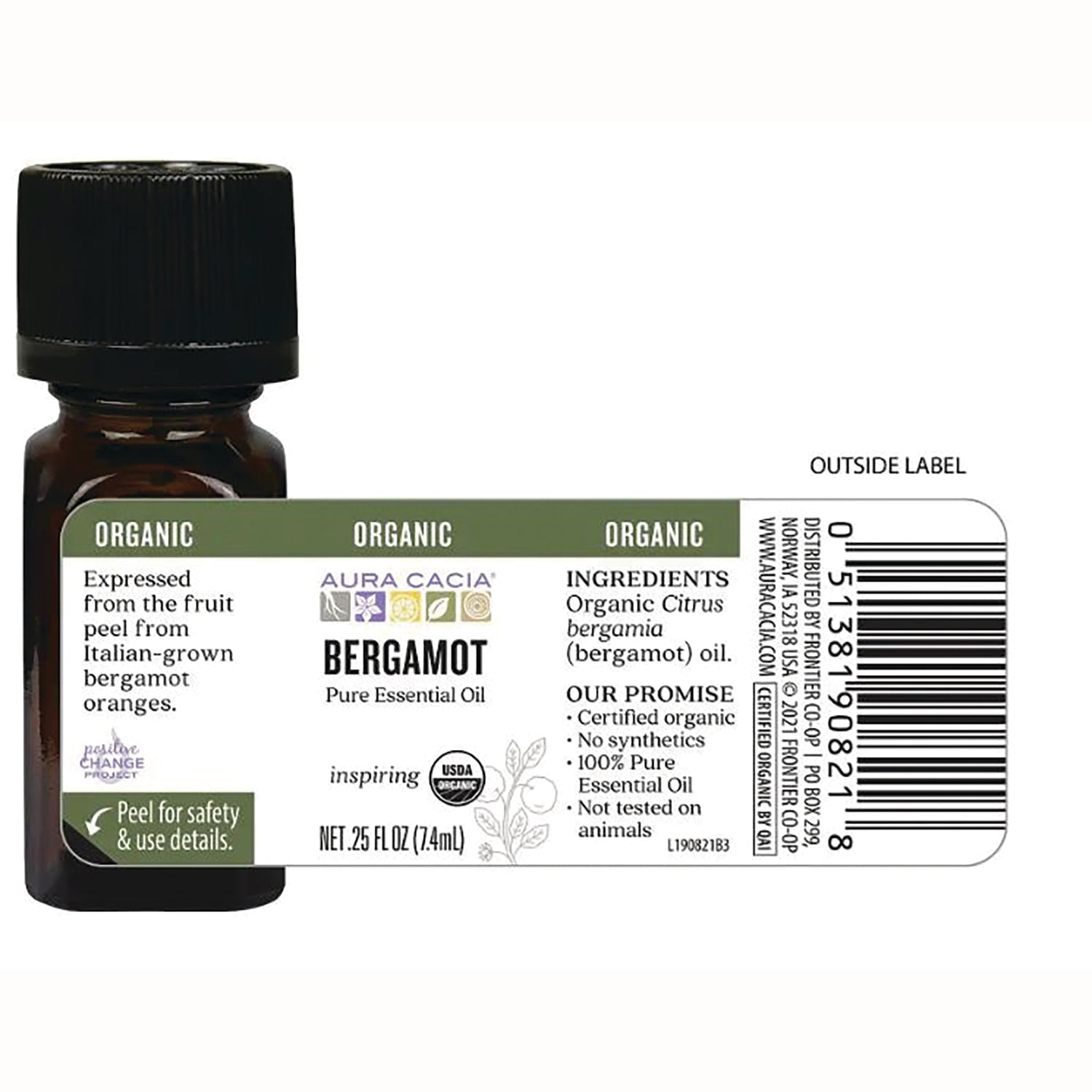 ARC020 | Back label of Bergamot pure essential oil bottle showing ingredients, USDA Organic seal, barcode and net .25 fl oz (7.4 mL)