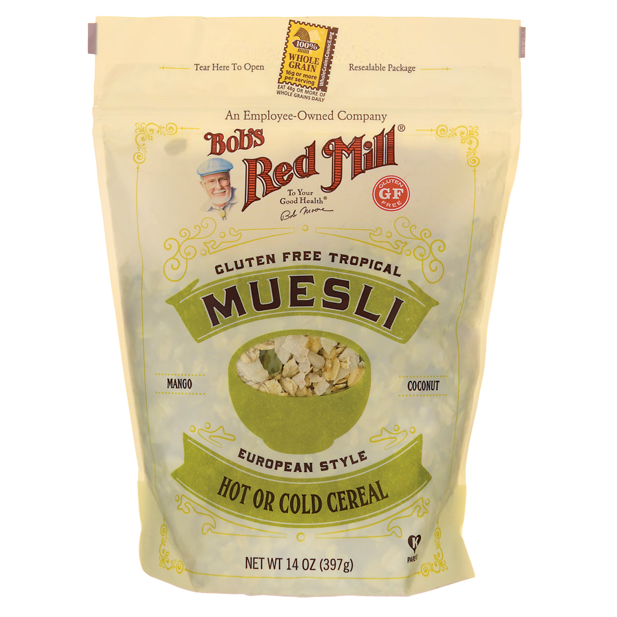 BOB245 | Bob's Red Mill gluten free tropical muesli pouch with mango and coconut, 14 oz front packaging
