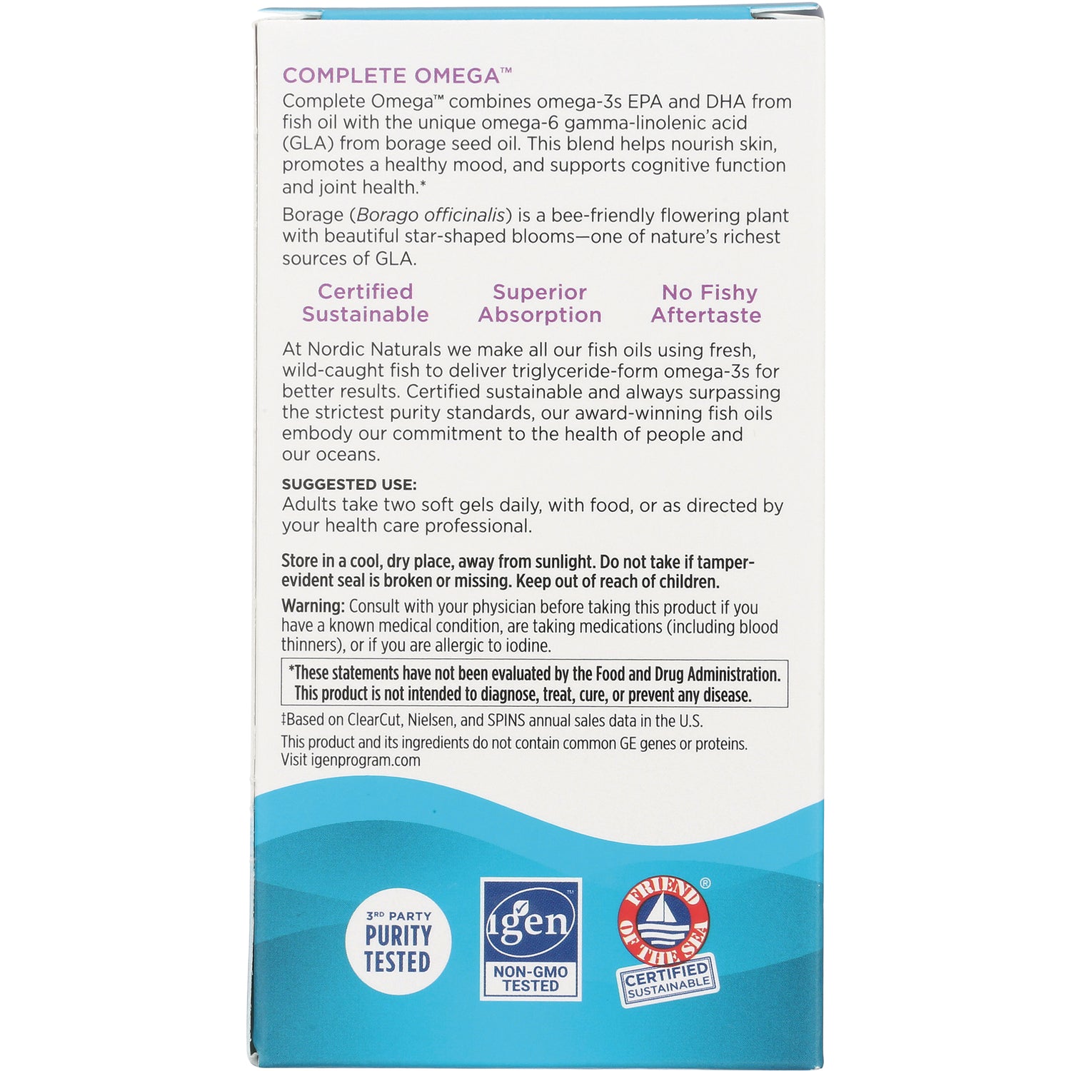 NRN015 | back of Complete Omega supplement box with suggested use, warnings, and certification badges