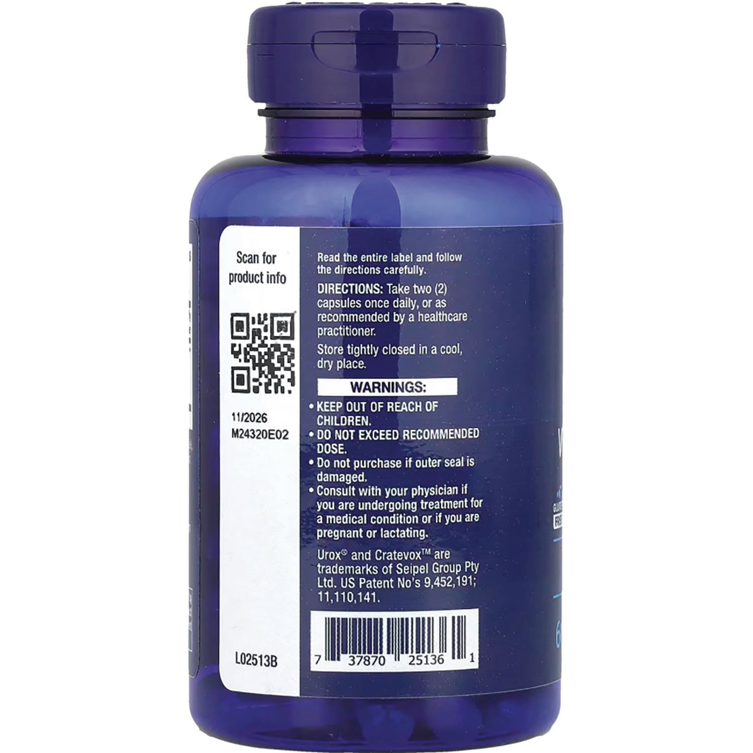 LE587 | back of blue supplement bottle showing directions, warnings, QR code and barcode label
