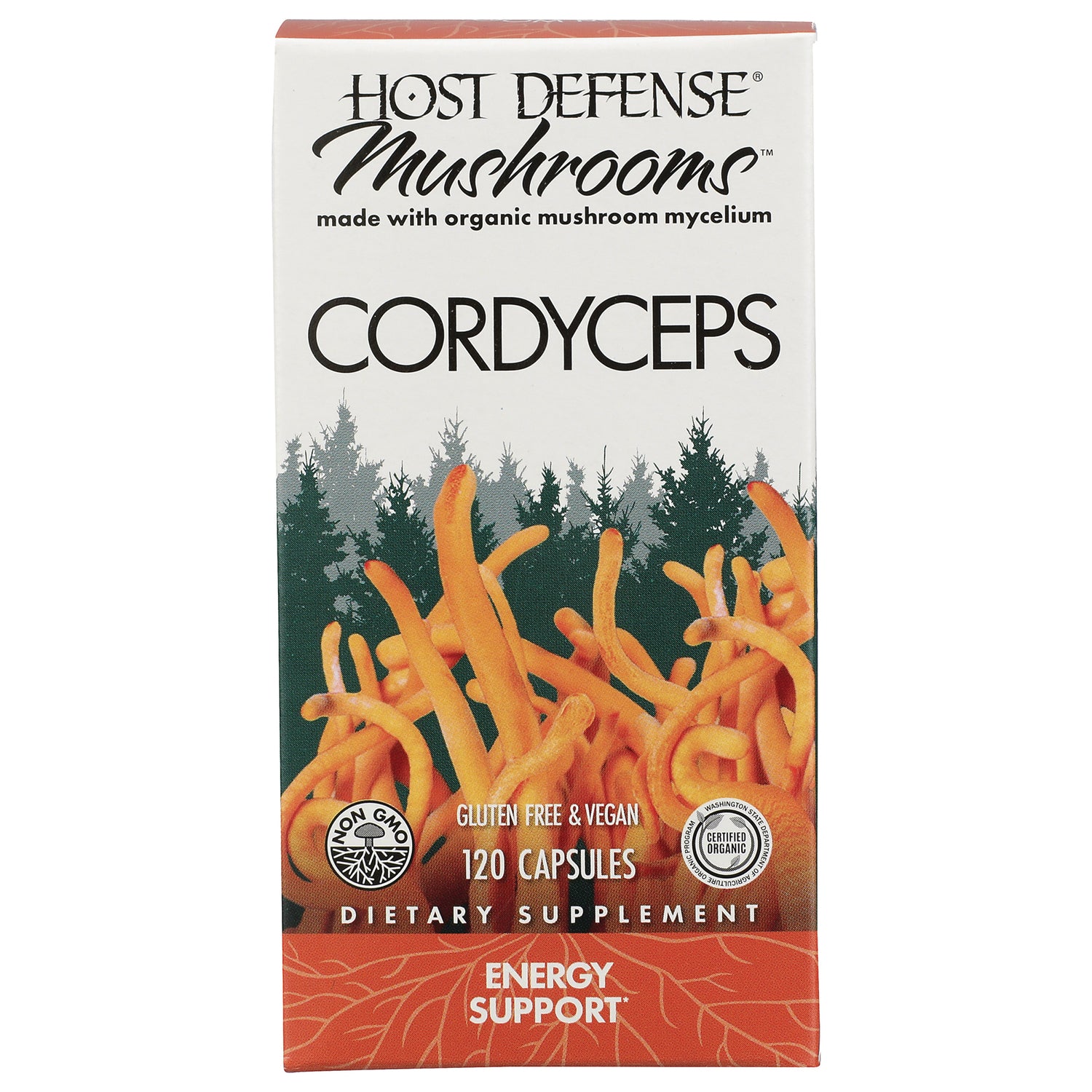 FUN004 | Host Defense Mushrooms Cordyceps box front with orange cordyceps illustration, 120 capsules, energy support