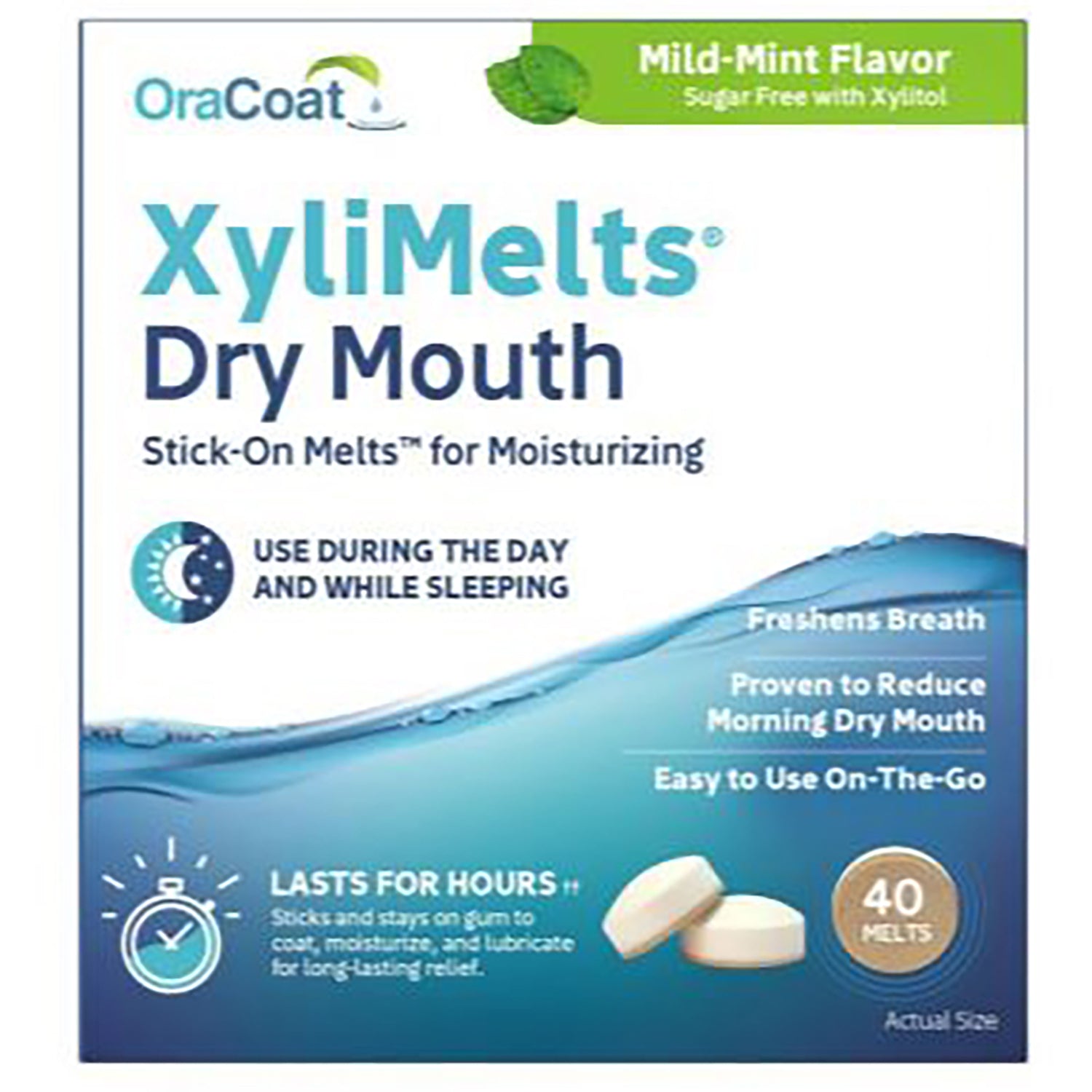 ORA001 | XyliMelts Dry Mouth stick-on melts box, mild-mint flavor showing two melts and 40 count