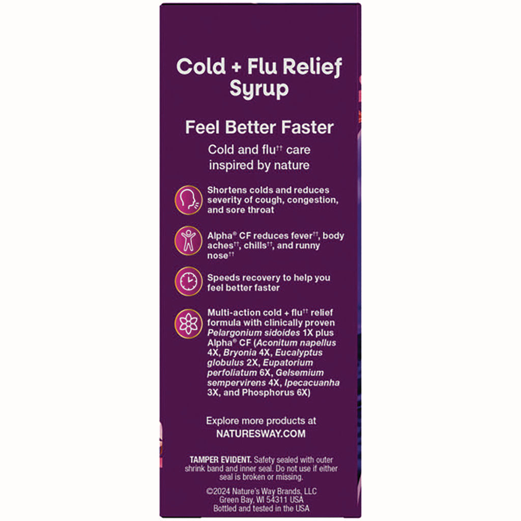 NW648 | Cold + Flu Relief Syrup product infographic showing benefits, multi-action formula, and ingredient list - Thumbnail