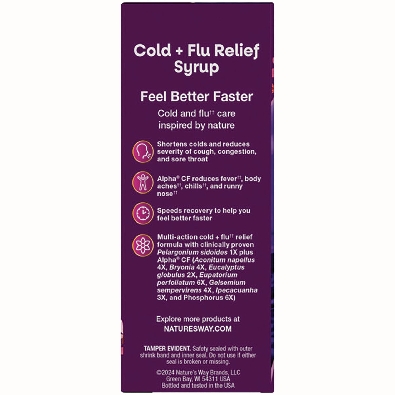 NW648 | Cold + Flu Relief Syrup product infographic showing benefits, multi-action formula, and ingredient list