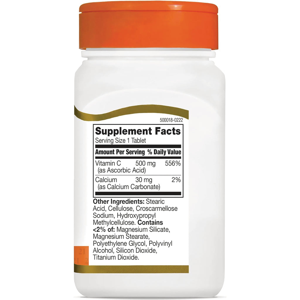 CNT174 | Back of white supplement bottle with orange cap showing Supplement Facts panel listing Vitamin C 500 mg and other ingredients - Thumbnail