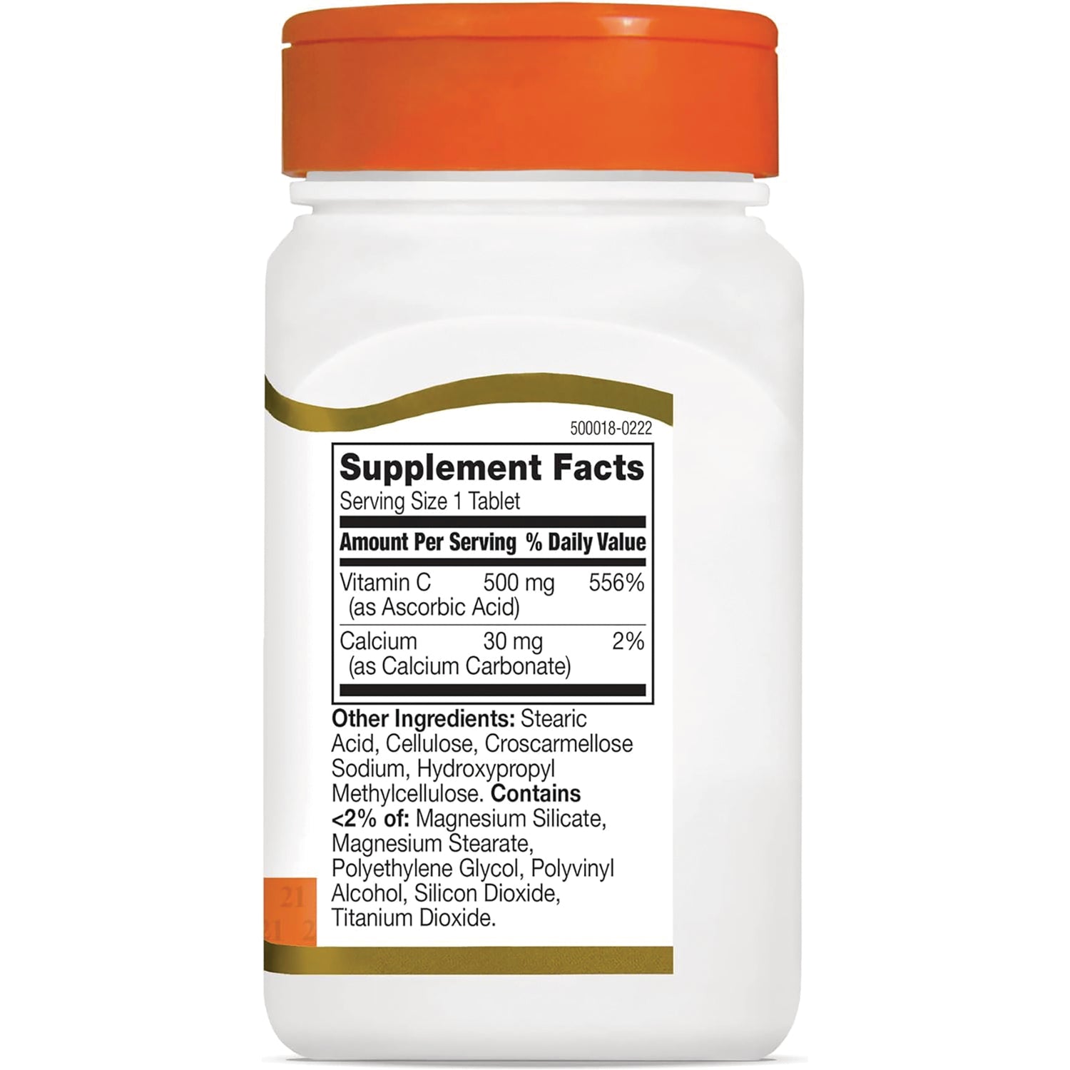 CNT174 | Back of white supplement bottle with orange cap showing Supplement Facts panel listing Vitamin C 500 mg and other ingredients