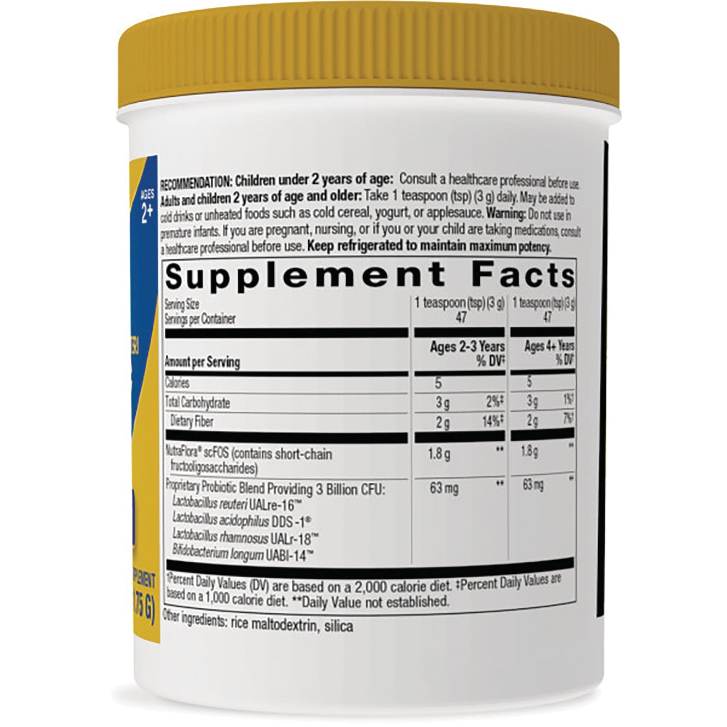 NW835 | back label showing Supplement Facts nutrition panel and serving information on white jar with yellow lid