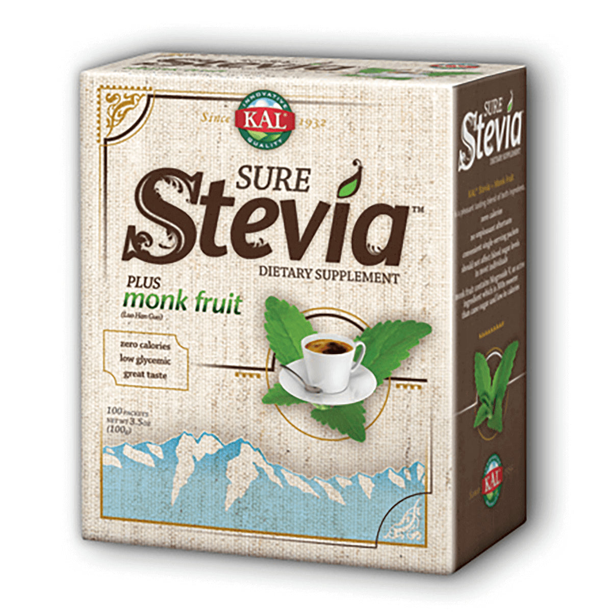 KL506 | KAL Sure Stevia dietary supplement box front showing product name monk fruit and cup of coffee illustration